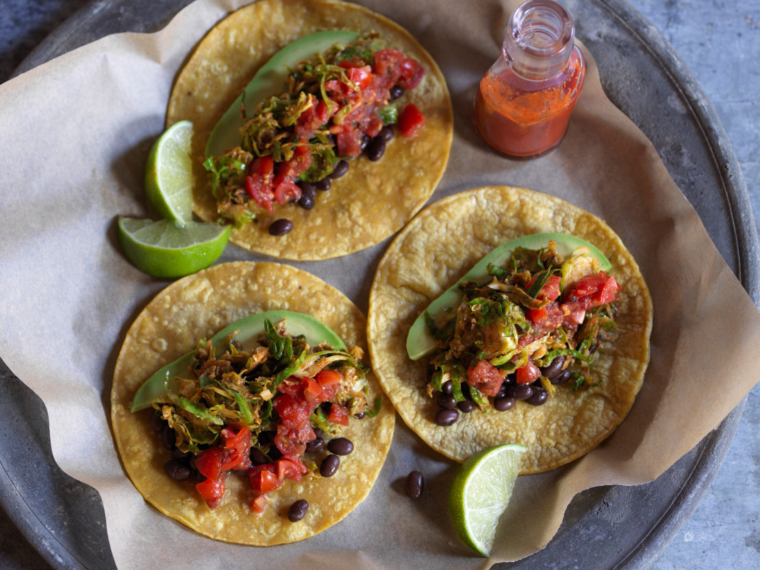 Shaved Brussels Sprouts Tacos With Black Beans And Avocados - Mann's 