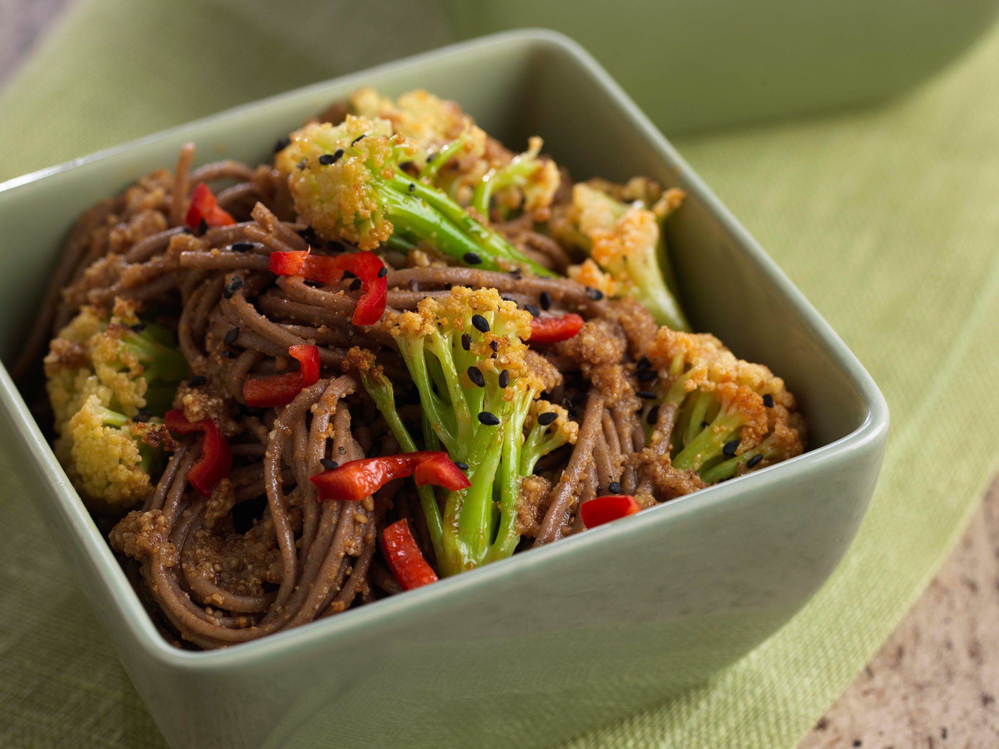 Seared CAULILINI® baby cauliflower Sesame Gomae with Soba Noodles - Mann's Fresh Vegetables