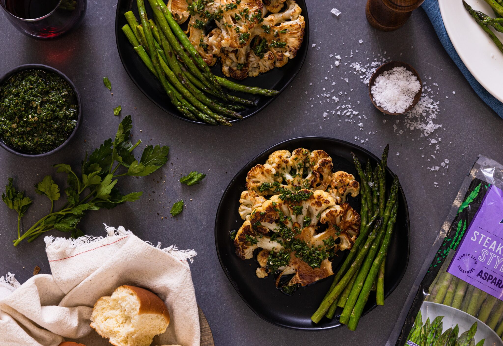 Seared Cauliflower Steaks with Salsa Verde and Blistered Asparagus - Mann's Fresh Vegetables